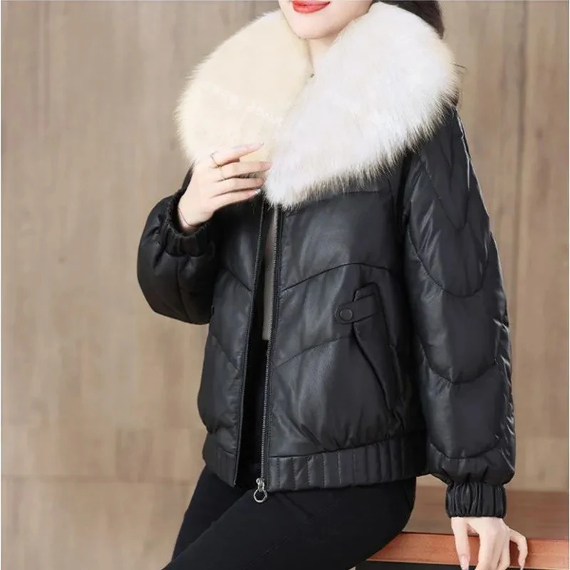 Piumino corto in cotone da donna Autunno/Inverno 2025 Addensare imitazione collo in pelliccia di volpe Giacche in cotone in pelle Cappotto da moto femminile