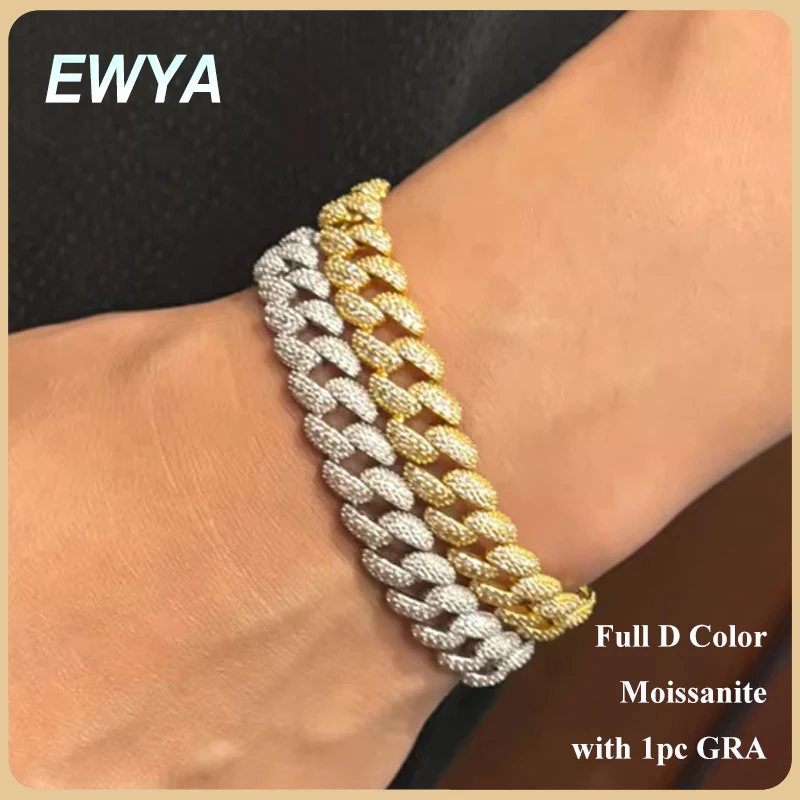 EWYA Full 1.1mm D Color Moissanite Cuban Bracelet For Man Women 925 Silver Pass Diamond Test 9.3mm Wide Link Chain Bracelets