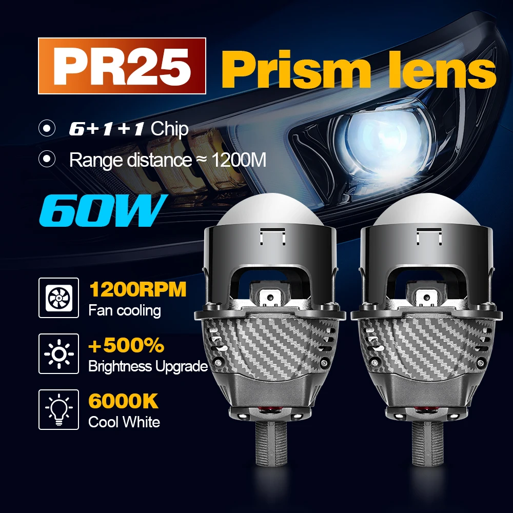 

2.5 inch Car Double Prism Bi Led Lens Projector Headlight 12V 120W 6000K For H4 H7 9005 9006 Auto Light Retrofit Car Accessories