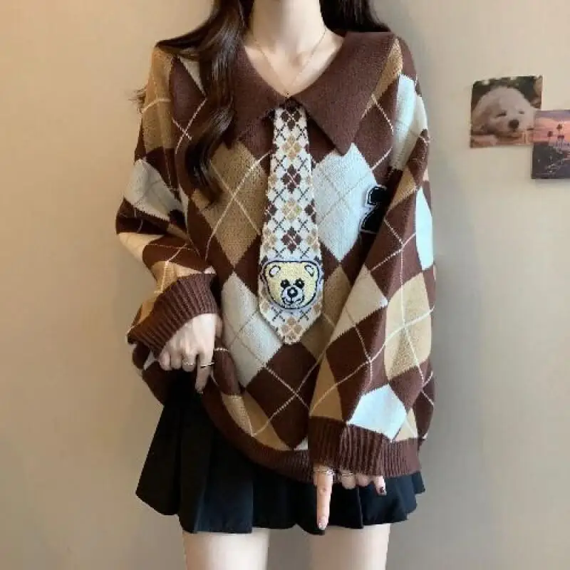 

Свитер трикотажа женский Майярд коричневый клетчатый вязаный воротник-поло свитер с медведем зима большие размеры длинные топы для женщин повседневные