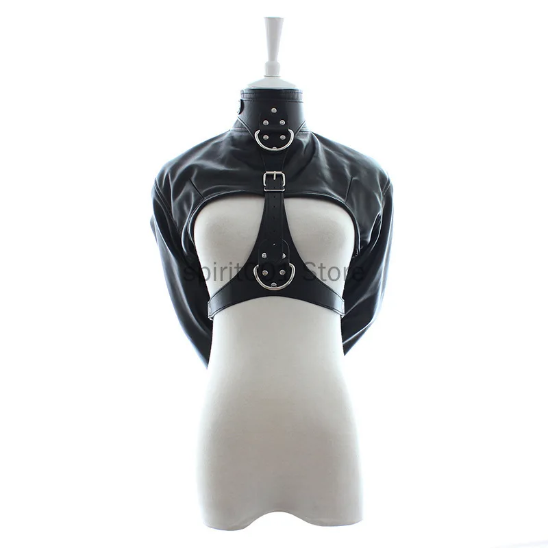 Vrouwen Zwart Rood Sexy Open Borst Cupless Lederen Bondage Strait Jacket Top Vrouwen Terughoudendheid Rechte Jas Halloween Kostuum