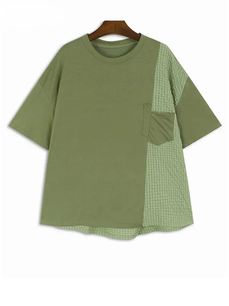 Camiseta irregular plissada verde feminina, tamanho grande, gola redonda, manga curta, moda casual, maré, primavera, verão, nova