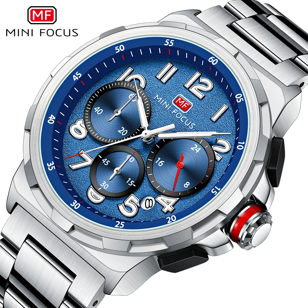 MINI FOCUS Formal Quartz Watch for Men Fashion Stainless Steel Waterproof Chronograph Quartz Wristwatch with Date Luminous Hands