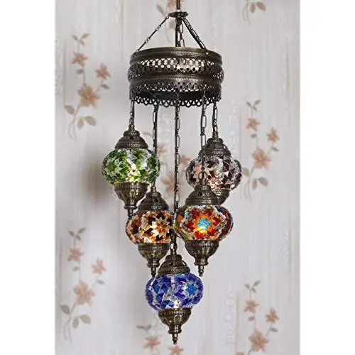 LaModaHome 40 + Unique Colors, 2020 Customizable Chandelier 5 Globes + Free 5 Bulbs, stunning Mosaic Turkish Lamp Moroccan Light