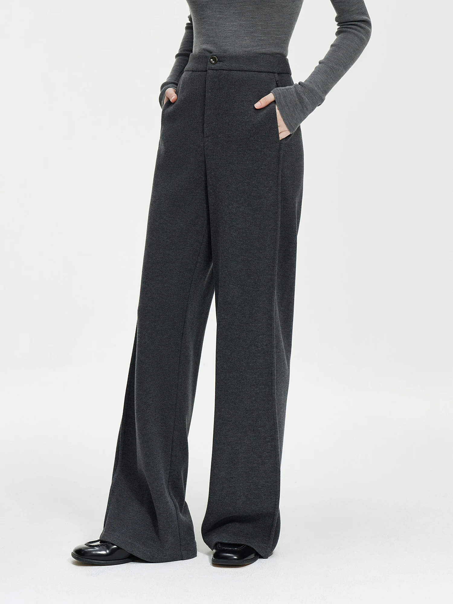 FSLE Women Winter Long Trouser Thick Straight Commuter Beige All-Match Pants 1.4% Wool 3.1% Acetate Women Thicken Pant 24FS14481