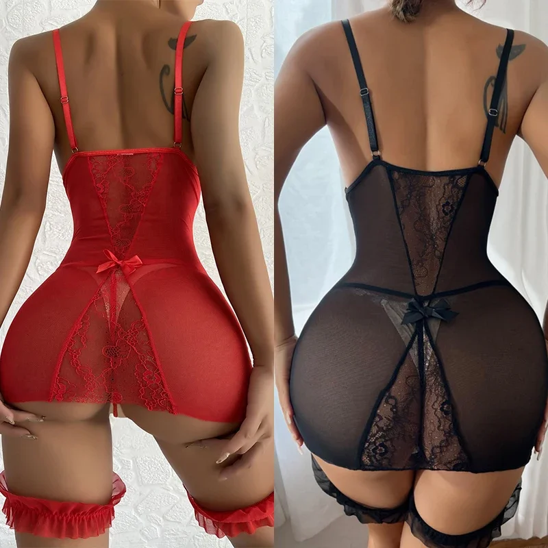 

Transparent V-neck Strap Night Dress With Thong Set Women Sexy Chemises Red Lace Sexy Lingerie Babydoll Porn Sexy Dresses