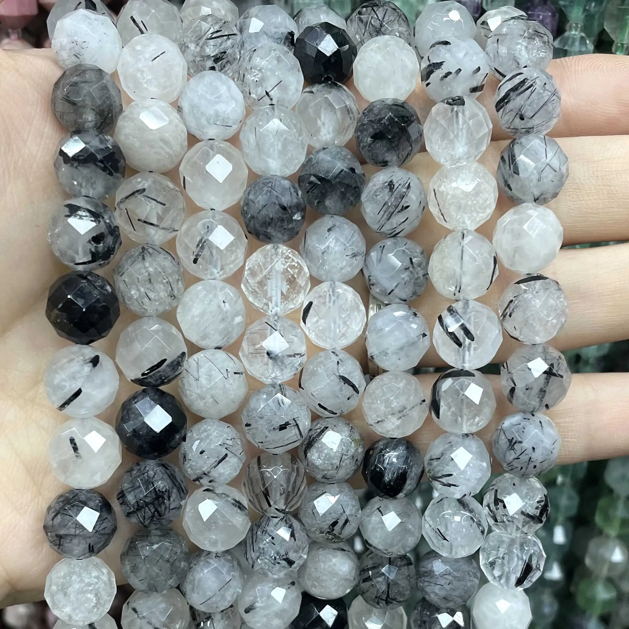 6/8/10MM Natural Stone Faceted Black Rutilated Quartz Round Gemstone Spacer Beads For Jewelry Making DIY Accessories 7.5\'\'inches