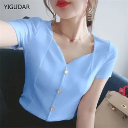 Womens Tops And Blouses Summer Short Sleeve Blouse Women Blusas Mujer De Moda 2022 Turtleneck Knitted Blouse Shirt Tops