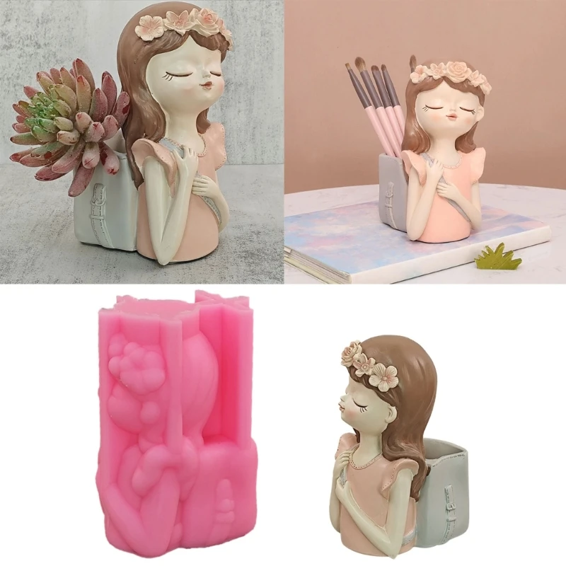 R3MC Backpack Girl Concrete Silicone Pot Mold Succulent Flowerpot Clay Cement Plaster Molds DIY Home Garden Flower Pots Mould