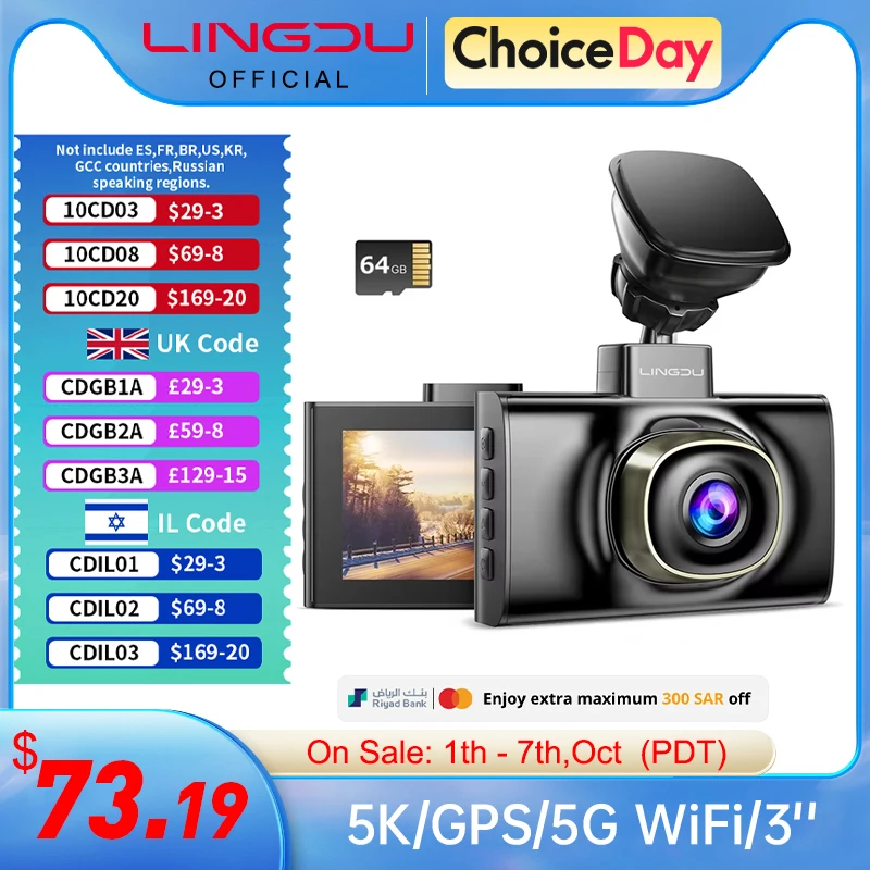 

LINGDU LD02-1CH 5K Dash Cam 3inch IPS Screen Car DVR With 64G TF Card 5.8Gh WiFi GPS Dashcam Voice Control 24H Parking Monitor