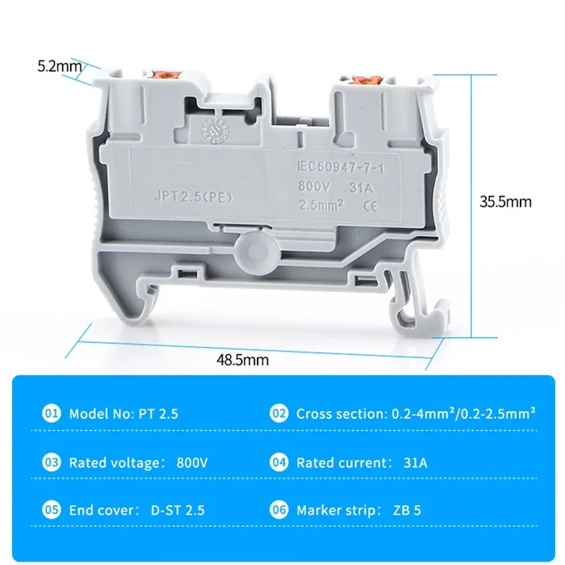 100Pcs Din Rail Terminal Block PT-2.5 Push In Spring Screwless Electrical Terminal Strip Block Connector PT2.5 Wiring Conductor