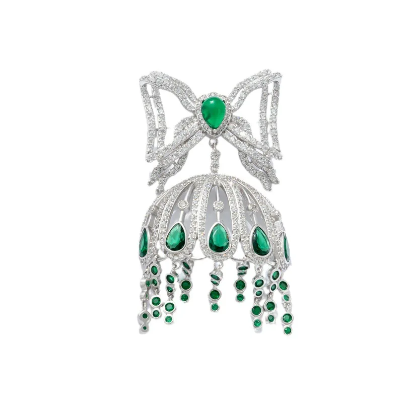 

Luxury Tassel Bow Lantern Dress Brooch Green Corsage Jewelry Sterling Silver Copper Set Zircon Corsage High-end Holiday Gift