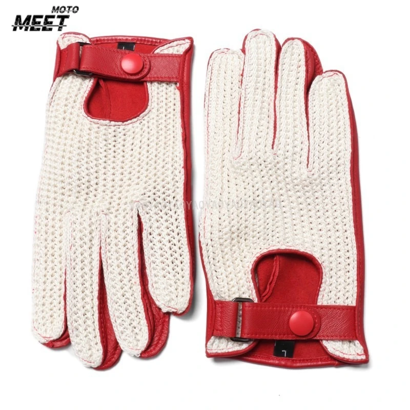 Men Leather Gloves Crochet Breathable Summer Driving Retro Motorcycle Mittens Male Guantes Moto Luvas