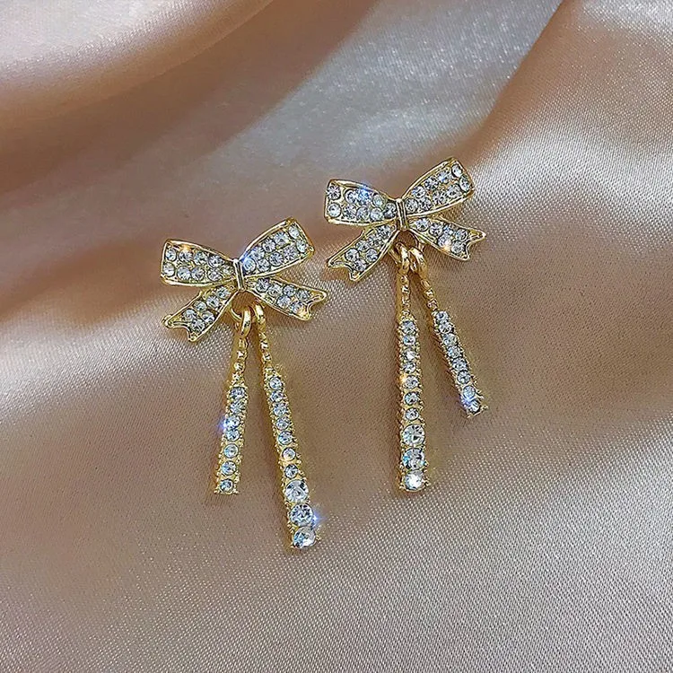 Fashion Silver Color Ribbon Bow Drop Earrings for Women Girls Korean Style Rhinestone Bow Ear Studs Earrings Wedding Jewelry