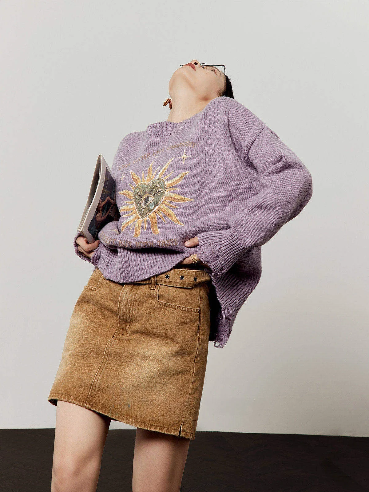 

Loose Women's Purple Sweater Summer New Sle Slaing Sle Sun Eye Design Casual Knitted irt Girls' round Ne Long Sve