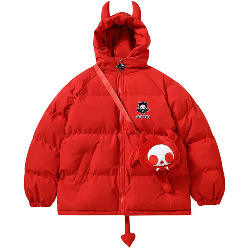 Hip Hop Parkas Men High Street Devil Horns Wing Tail Designer Hooded Padded Jackets Thick Warm Puffer Bubble Coats With Doll