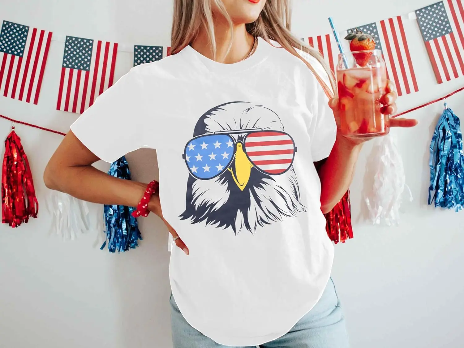 Patriotic Shirts for Women Patriotic Eagle with Sunglasses T Shirt 4th of July Shirt Independence Day  American Eagle Print Tee