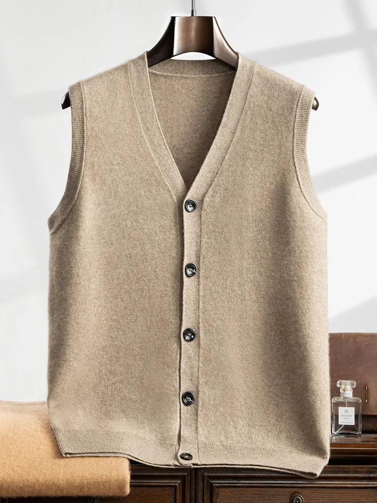 

ANGEL New Men's V-neck Button Waistcoat Autumn Winter Cashmere Sleeveless Sweater Cardigan Vest 100% Goat Cashmere Knitwear Top