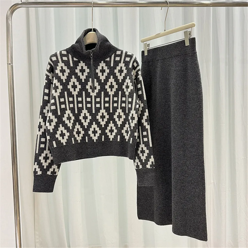 Women New B*C Half Zipper Knitted Cashmere Sweater + Straight Knit Skirt  2 Pieces Set