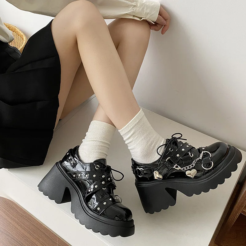 Lolita Thick Bottom Small Pu Leather Shoes Women Punk Style Black Mary Janes Chunky High Heels Chain Buckle Platform Laofers