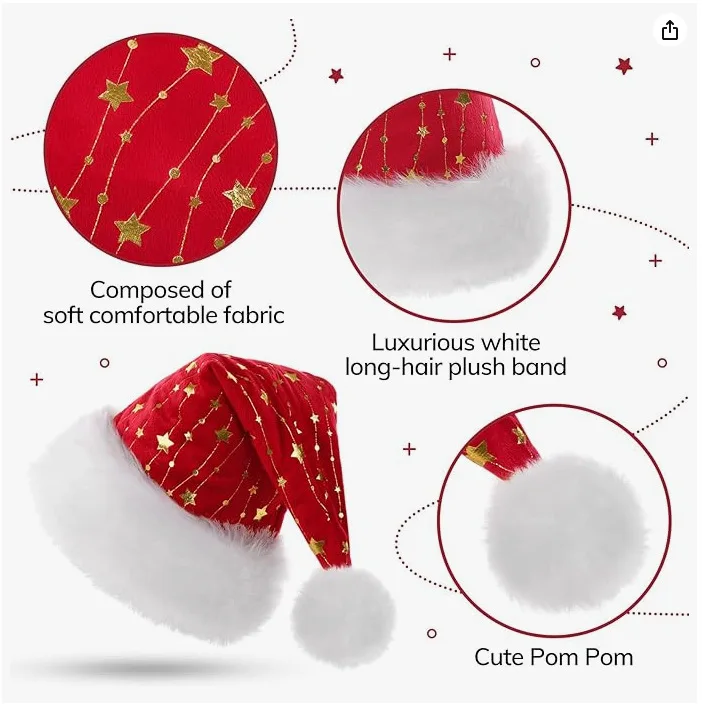 Chapéu de Natal de lã dourada, chapéu de Papai Noel de pelúcia de luxo para festa, adereços fotográficos de Natal e decoração de casa, suprimentos festivos