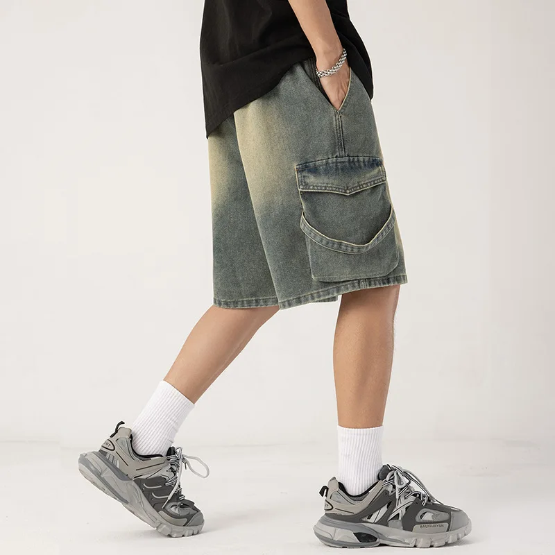 

New Cowboy shorts, men's high-end personalized drawstring, loose casual denim five quarter pants, loose oversized wide leg pants