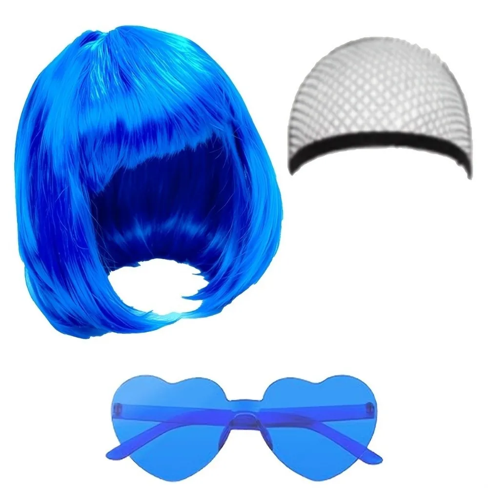 3 Stück bunte kurze Bob-Perücken, Weihnachts-, Halloween- und Cosplay-Perücken-Set für Partys, inklusive Haarnetz und Brille, kurze Perücke für Rollenspiele. – Detail 5