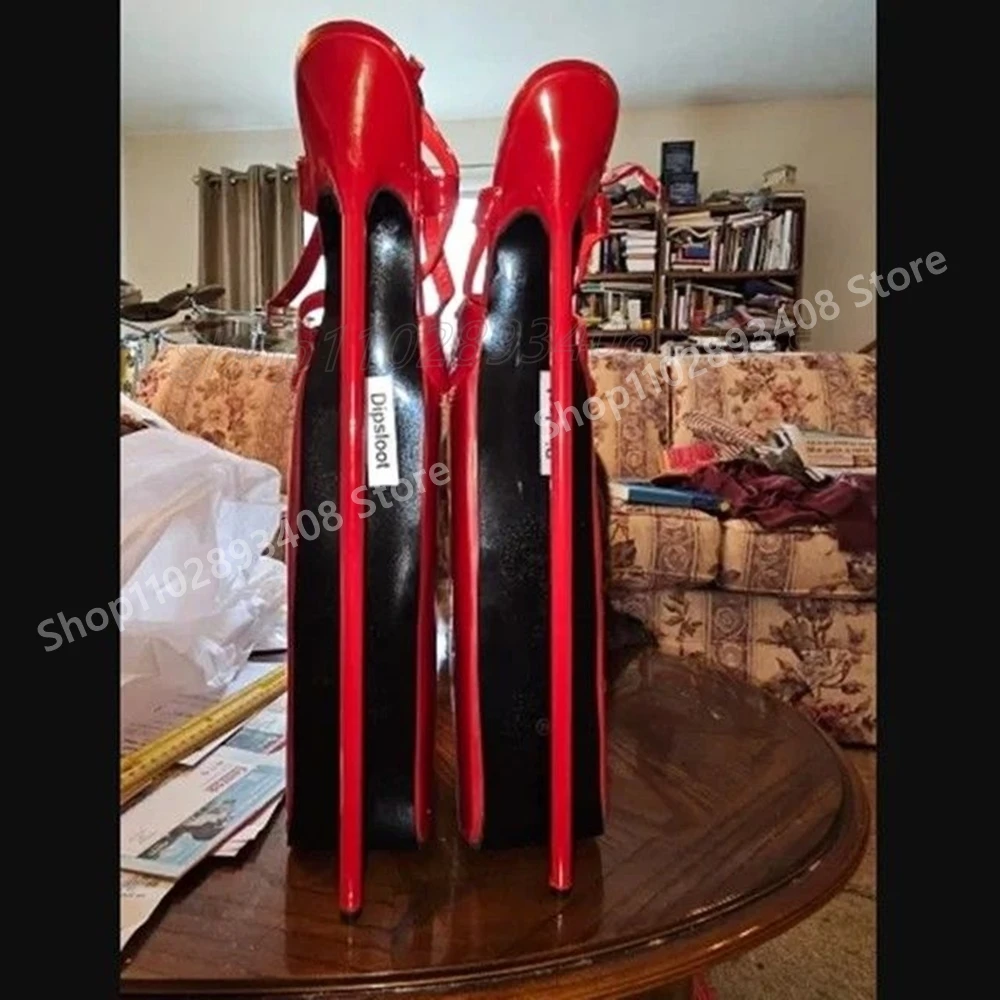 

Red Shiny Cross Tied Hollow Sandals Waterproof Dance Extreme Stiletto High Heel Sexy Women Shoes 2025 Summer Party Para Mujere