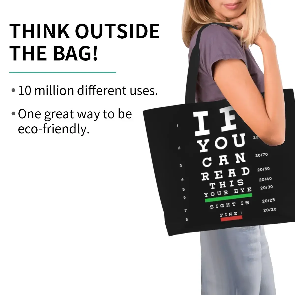 Optician Eye Test Exam Grocery Shopping Bag Canvas Shopper Shoulder Tote Bag Large Capacity Portable Myopia Chart Handbag