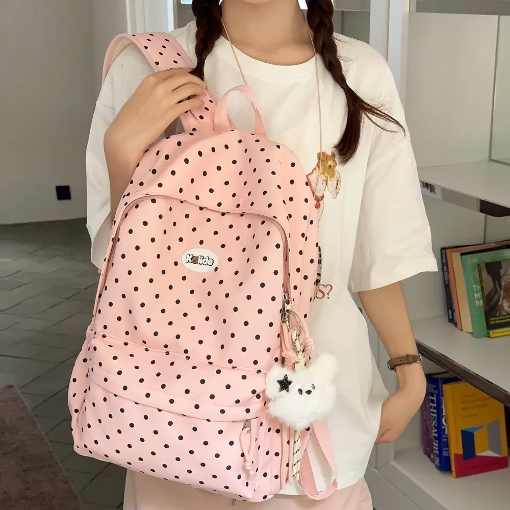 Sweet Nylon Student Backpack Polka Dot Lightweight School Bag Large Capacity Multi Pocket Travel Rucksack for Students Girls