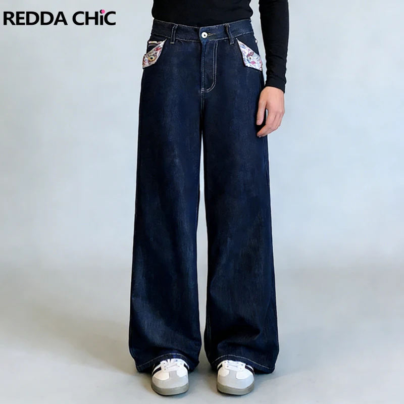 

Мужские джинсы REDDACHIC с цветочным принтом и карманами, темно-синие, винтажные, свободного кроя, повседневные, прямые, широкие брюки, модная корейская уличная одежда