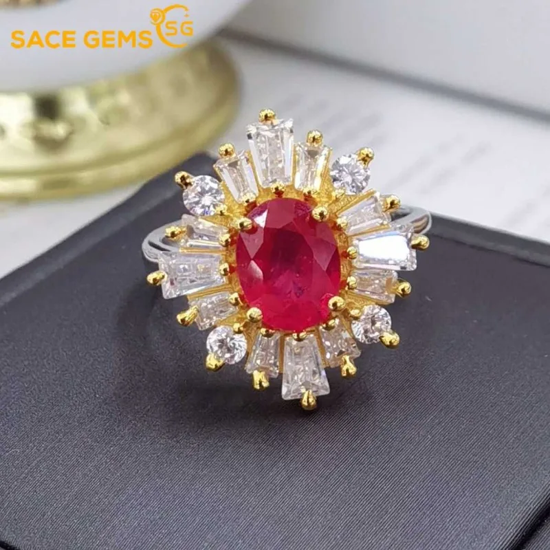 

SACE GEMS Fashion 925 Sterling Silver 6*8mm Natual Ruby Luxury Rings for Women Created Wedding Engagement Party Fine Jewelry