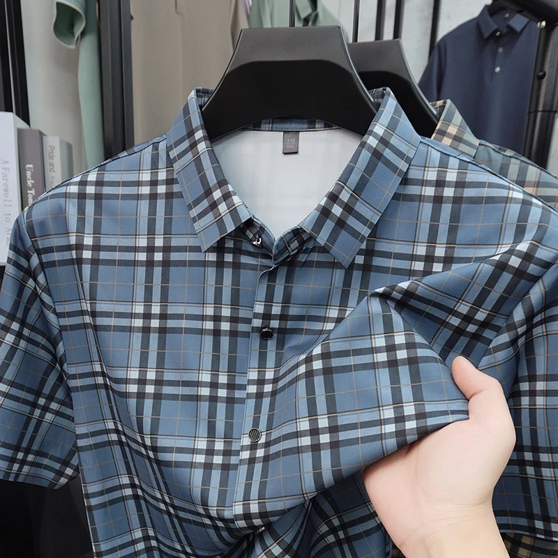 

Personality new short sleeve checkered shirt men fashion youthful casual comfort high-end luxury summer ice silk breathable top