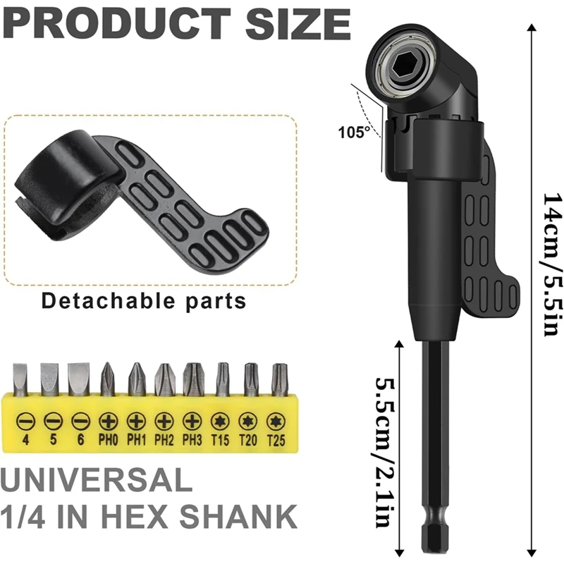 A23T Right Angle Drill Attachment Set, 105° Flexible Drill Bit Extension, 1/4 3/8 1/2 Inch Socket Adapter, 360° Rotatable