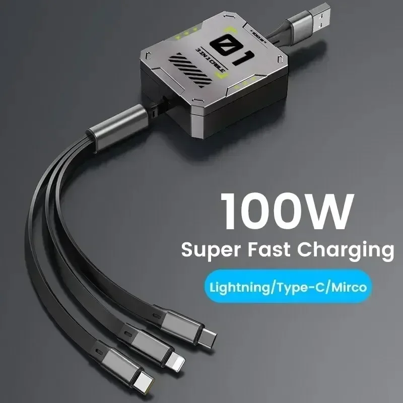 Universal 100W 3 In 1 Retractable Phone Data Cable For Iphone Samsung Huawei Xiaomi Android Micro Type C Usb Fast Charging Cable