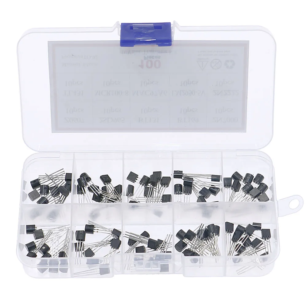 100Pcs 10 Kinds Triode Thyristor Assortment Kit Z0607 2SD965 BT131 BT169 2N7000 TL431 MCR100-8 MAC97A6 LM2950-5V 2N2222