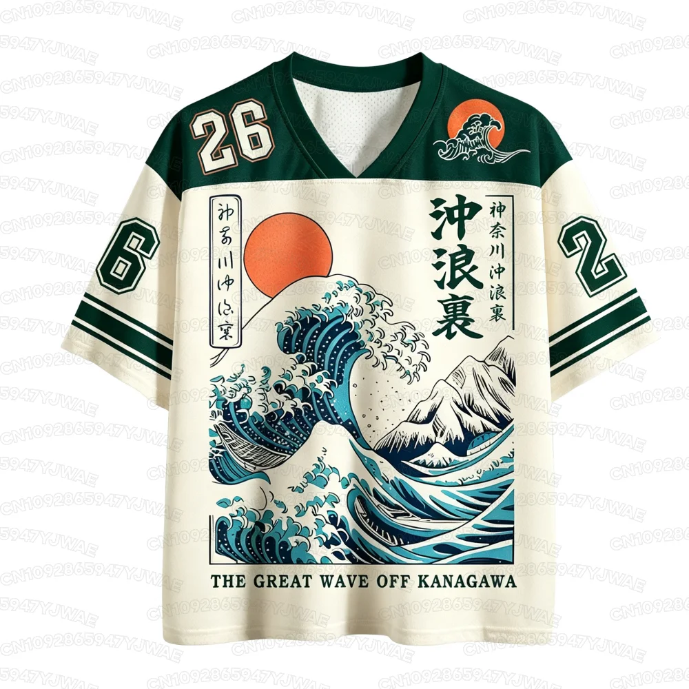 2026 New Summer Retro Japanese Ukiyo-e Wave Print Unisex Sports Jersey Breathable Mesh V-Neck Streetwear Kid T-shirt Tops