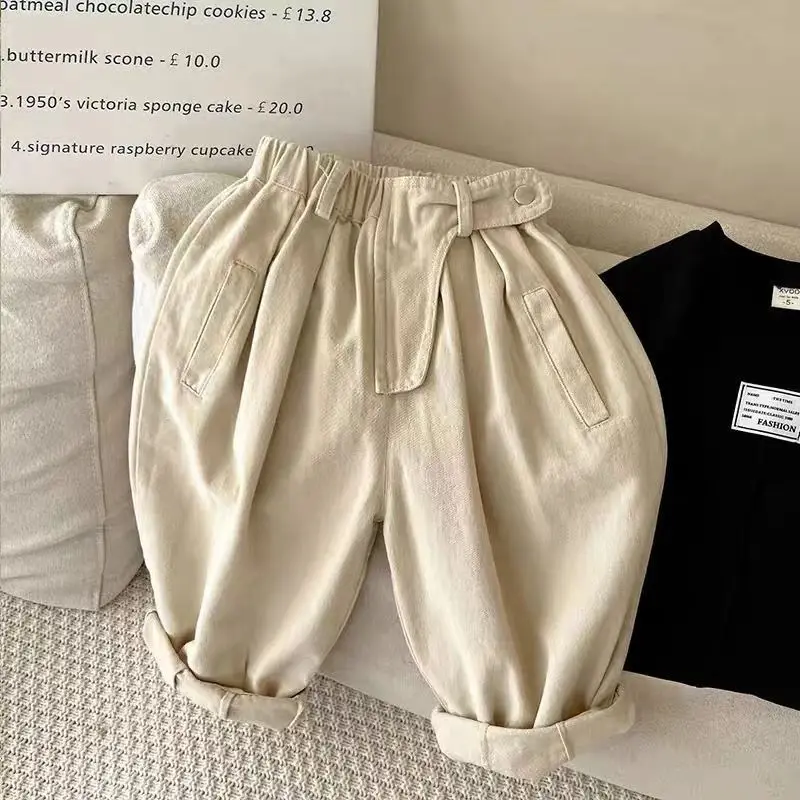 

Boys and Girls' Pants Spring and Autumn Children's Pants Korean Solid Color Diagonal Pocket Loose Trousers Children's Baby Pant