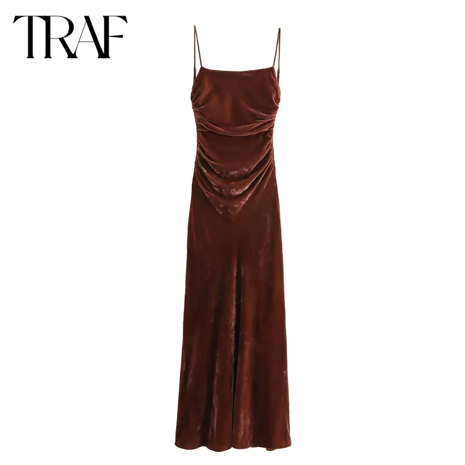 TRAF Velvet Dress for Women Fashion 2024 Autumn Winter New Slash Neck Folded French Elegant Long Dresses Chic Female Evening