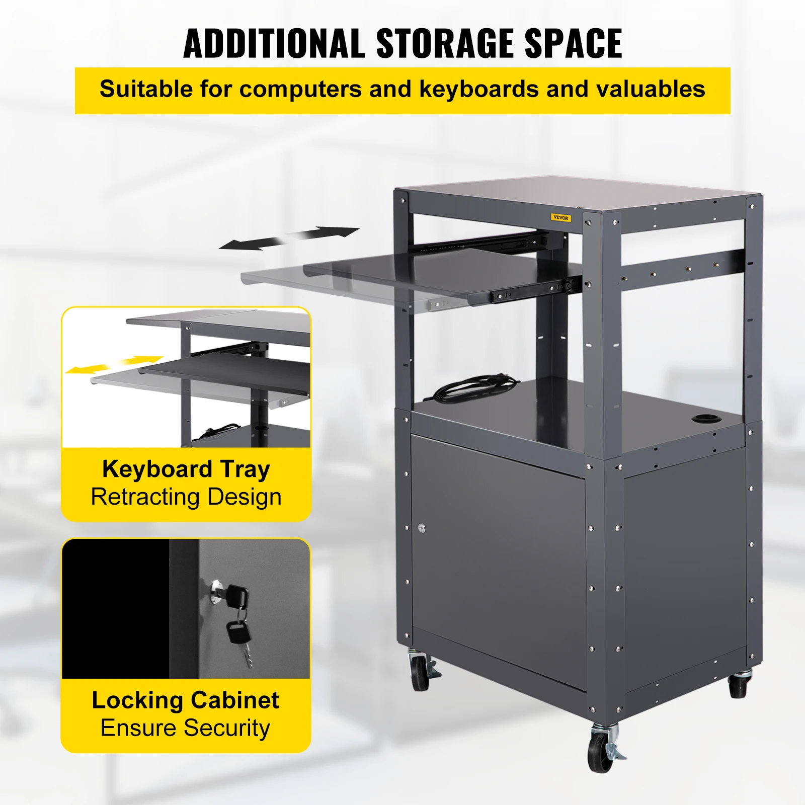 VEVOR Steel AV Cart 27-41" Height Adjustable Media Cart with Keyboard Tray and Locking Cabine for Conference Library Kitchen
