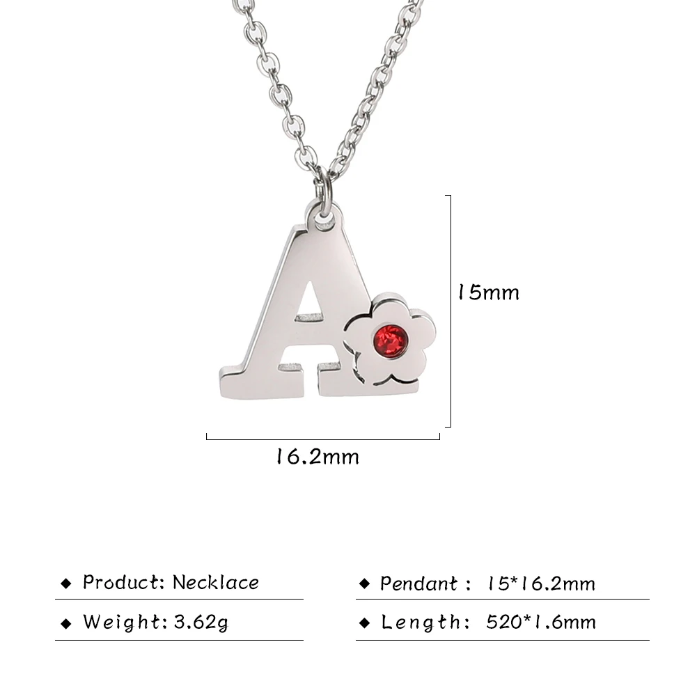 Stainless Steel 26 Letters Necklace Flower Alphabet Pendant with Red Stone Choker Necklace Initial Single Name Necklace Jewelry