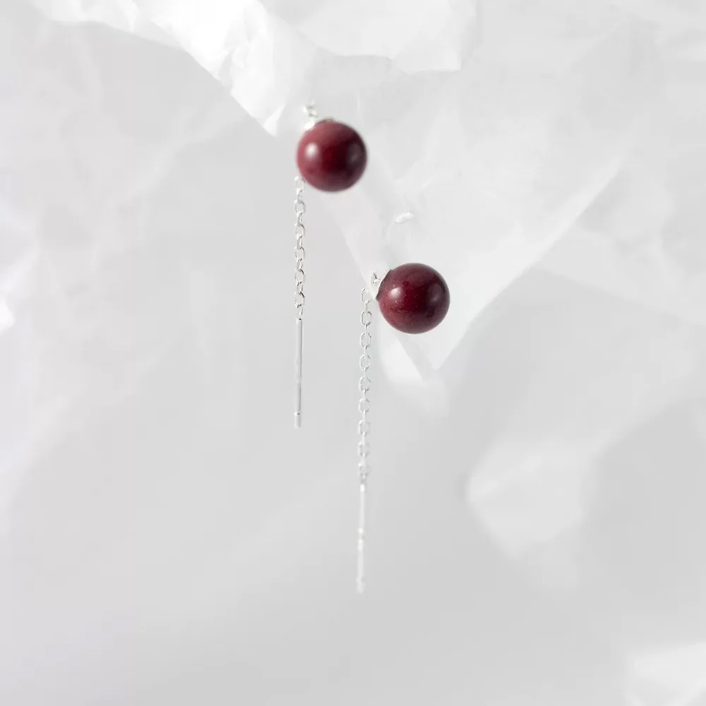 925 Sterling Silver Cinnabar Round Bead Threader Earrings for Women New Chinese Style Long Tassel Dangle Earrings Lucky Jewelry