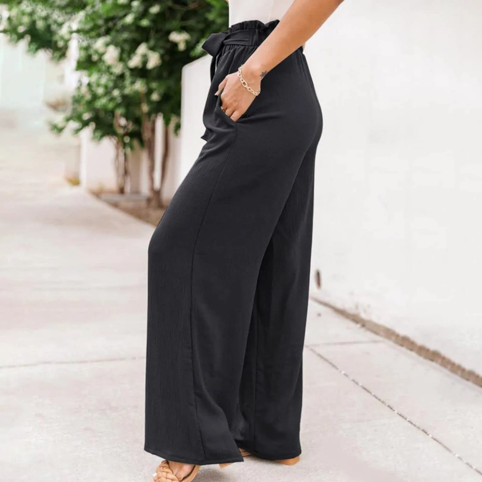 

Wide Leg Pants For Women High Waist Tied Belt Solid Pants Summer Casual Beach Trousers With Harem Autumn Baggy Women Pants