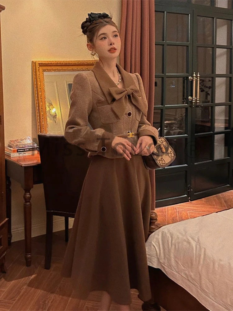 Winter Vintage Elegant 2 Piece Set Women Bow Patchwork Chic Designer Midi Skirt Suit Female Korean Fashion Solid Casual Set 2023