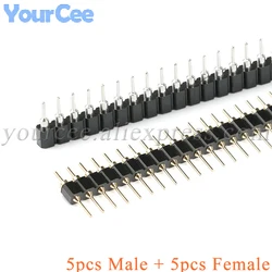 5Pairs Connector Pin Header Strip 5pcs Male + 5pcs Female Header Single Row 40Pin 2.54mm Pin Connector Strip Round Needle 1x40