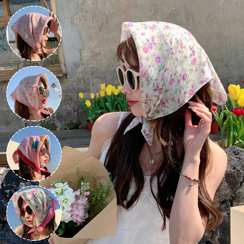 

55*55Cm Floral Hair Scarf Cotton Linen Square Headscarf Bandana Small Shawls Travel Photo Headband Girls Hair Accessories Ins