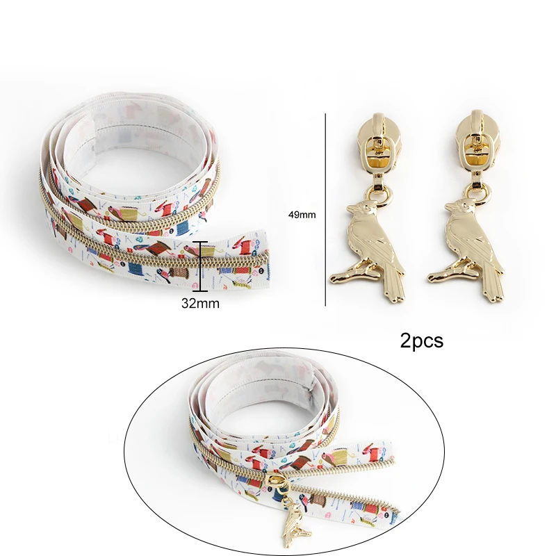 5/20/100Yards 5# Nylon Sewing Coils+Bird Zippers Tape With Pattern For Coat Shoes Clothes Bags Puller Slider Tailor Accessories