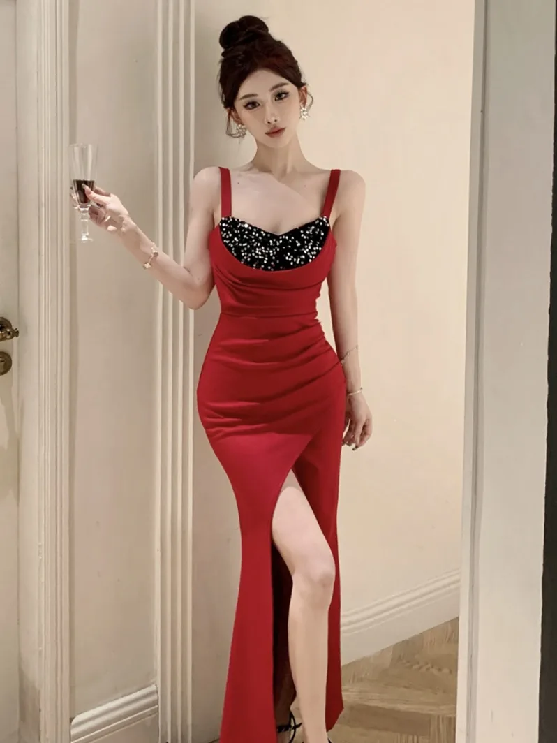 

Glittery Strapl Evening Dr Women's High Waist Slimming Mid-Length Gown Sexy Sensation Perfect for KTV