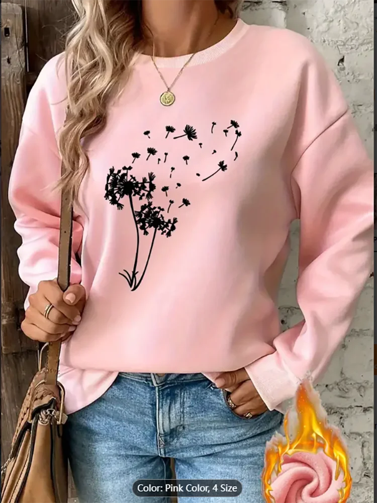 Womens Cozy Fleece Pullover Sweatshirt Dandelion Print Casual Crew Neck Long Sleeve All Season Comfort Casual Wear Dandelion