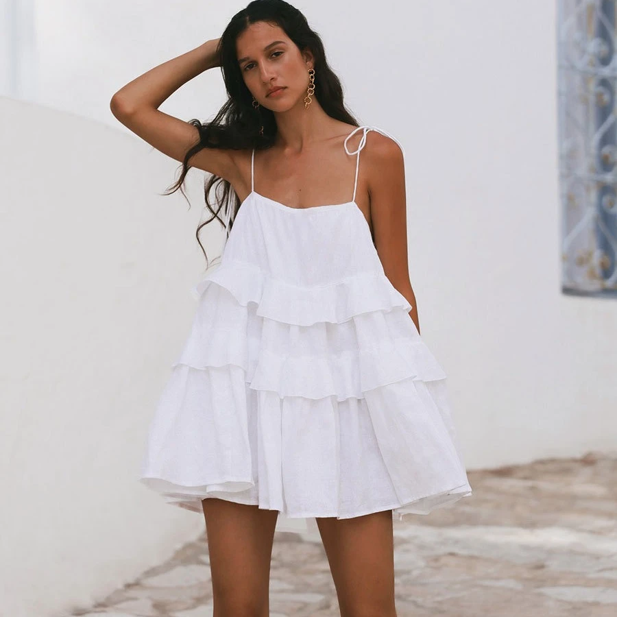 فستان Zeyla النسائي ذو الكشكشة المتدرج متعدد الطبقات مفتوح الظهر فستان قصير أنيق للنساء على الشاطئ ملابس غير رسمية للحفلات اليومية